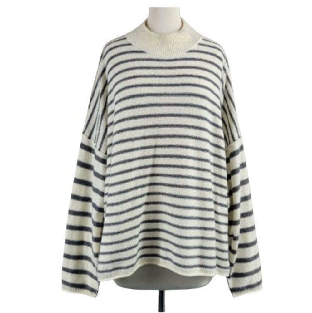 NWOT Madewell Stripe-Play Mockneck Pullover Sweater Wool Blend Cream Grey XXL